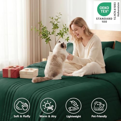 Image of CozyLux Full Size Comforter Sets Emerald Green - 7 Pieces Bed in a Bag, Modern Vertical Quilted Room Decor, Soft All-Season Bedding Gift with Comforter, Sheets, Pillowcases & Shams
