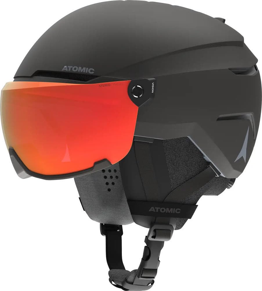 ATOMIC Savor Visor Photo Casco da sci con visiera, nero, taglia S, massimo assorbimento degli urti, sistema di ventilazione Active Aircon, rivestimento a specchio per una visione chiara