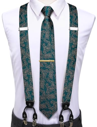 Image of Hi-Tie Men's Suspenders and Tie Set Silk Adjustable Elastic Y Braces with Strong 6 Clips Pocket Square Set