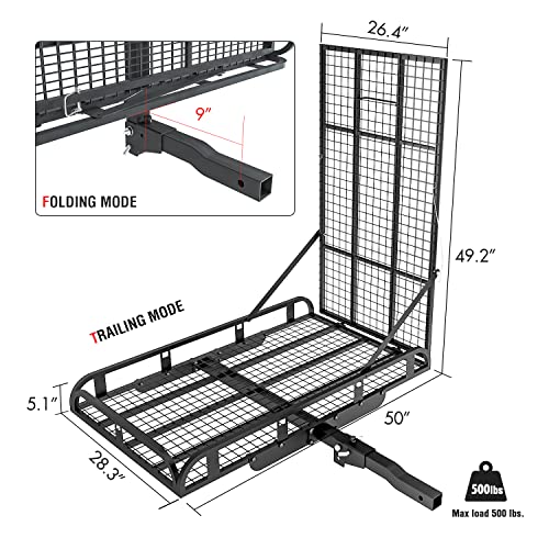 Hitch Mount Steel Cargo Carrier Basket with 49'' Folding Wheelchair Ramp, Fits 2'' Trailer Mounted Hitches - Image 3
