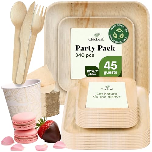 Chic Leaf Compostable Palm Leaf Plates & Cups Set - 10 In & 7 In Pack of 45, Natural - Biodegradable Tableware & Disposable Plates & Cups - Durable Bamboo Utensils, Valentine's Romantic Table Setting