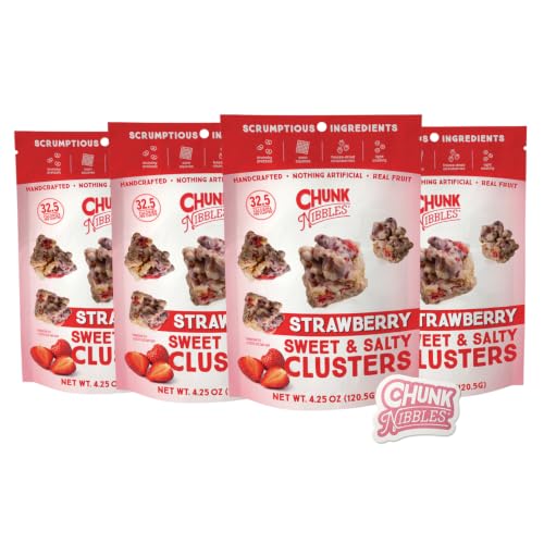 Chunk Nibbles Strawberry Snack Clusters and Exclusive Sticker Bundle - Real Freeze-Dried Strawberries, Pretzels &amp; Corn Squares - Gourmet Fruity Sweet &amp; Salty Snack, Handcrafted, No Artificial Colors - 4.25oz Resealable Pouch (4 Pack)