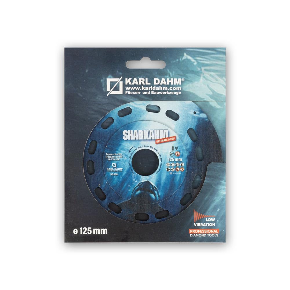 Karl Dahm Diamanttrennscheibe Sharkahm Ultimate Akku Ø 125 mm – Für Feinsteinzeug & Keramik – Ultra-dünn 1,1 mm – Ausplatzungsfrei – 22,2 mm – Optimiert für Akku-Winkelschleifer – Trocken