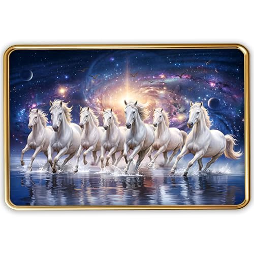 Image of Dharvika Innovations Vastu 7 Seven Running Horse Photo Frame, Golden Slim Frame, Sparkle Coated Lamination, 30x45 cm (Design 12)