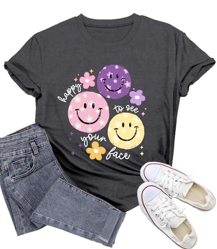 Wlen Womens Teacher Shirts Smile Faces T-Shirt for Teacher Happy to See Your Face Tee Tops Grey