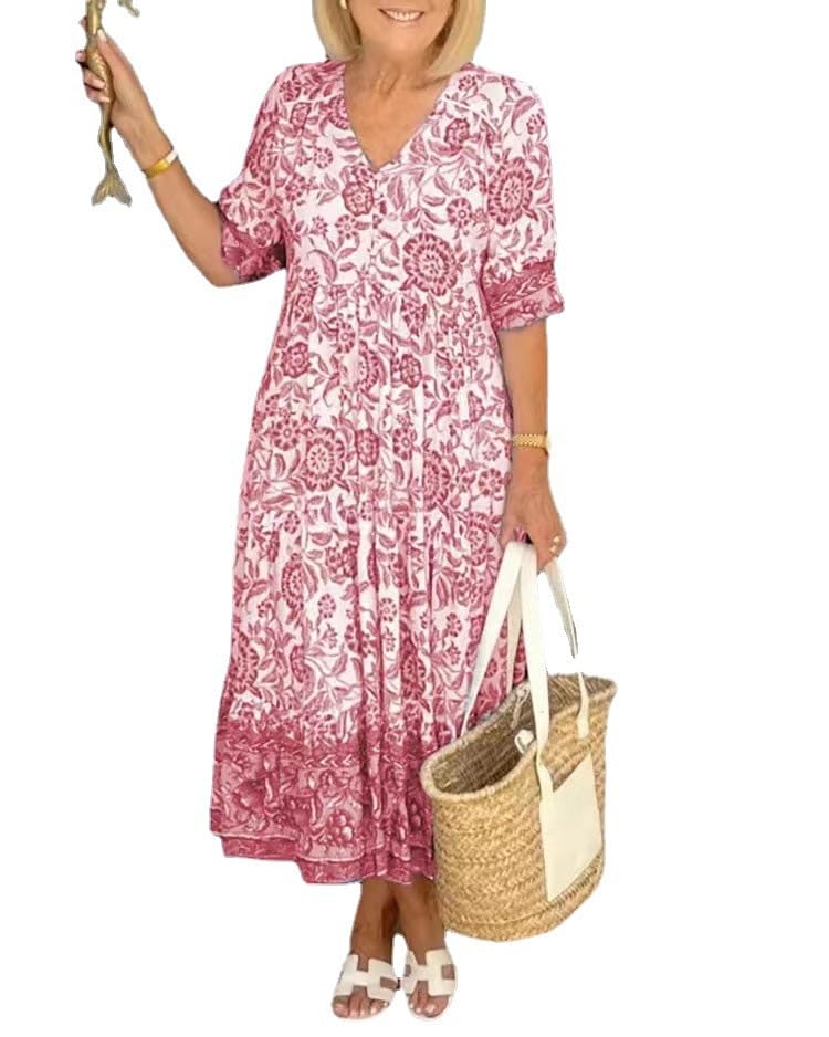 LIHWKD Vestido Bohemio de Verano con Cuello en V, Vestido Largo de Verano para Mujer, Vestido Largo con Cuello en V y Estampado Informal Suelto