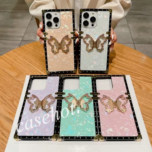 Casyva Casing for iPhone 14 Plus 13 12 11 Pro Max Solid Color Shell Pattern Square Soft Protective Phone Cases with Butterfly Stand Desktop Holder (Green,iPhone 14ProMax)