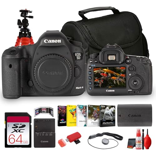 Canon EOS 5D Mark III Full Frame DSLR Camera Body 22.3MP, 61-Point AF, Dual Card Slots, 1080p Video, Canon EF Mount (5260B002) + 64GB Memory Card + Camera Bag + Flexible Tripod + More (10pc Bundle)