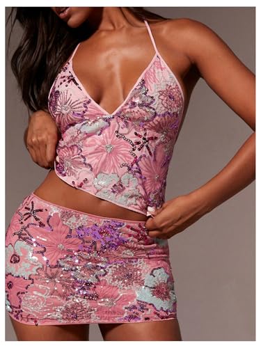 MakeMeChic Women's Floral Sequin Skirt Sparkly Low Waist Bodycon Party Short Skirts4