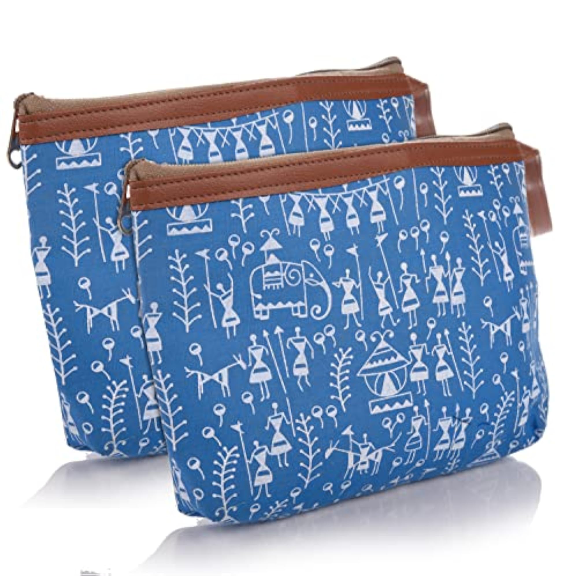 Warli Print Canvas Waterproof Makeup Pouch, Pack of 2