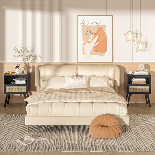 Image of Lerliuo Rattan Nightstand, Bedside Table with Drawer Open Shelf, Cane Accent Side End Table with Solid Wood Legs, Black Mid Century Night Stand for Bedroom, Dorm and Small Spaces
