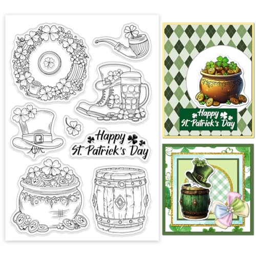 GLOBLELAND St. Patrick's Day Flower Garland Clear Stamps Gold Hat Barrel Silicone Clear Stamp Seals Boots Transparent Stamps for DIY Scrapbooking Cards Making Photo Album Journal