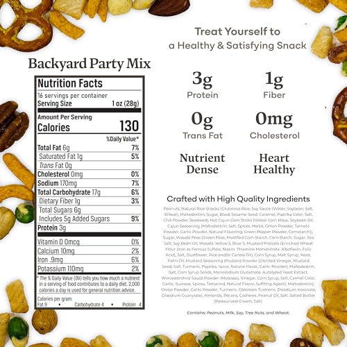 Image of Belmont Peanuts Backyard Party Mix, 18 oz (Pack of 1) | Butter Toffee Peanuts, Wasabi Peas, Cashews, Corn & Rice Sticks, Pecans, Pretzels | Simple Ingredients, No Preservatives, Hand-Seasoned
