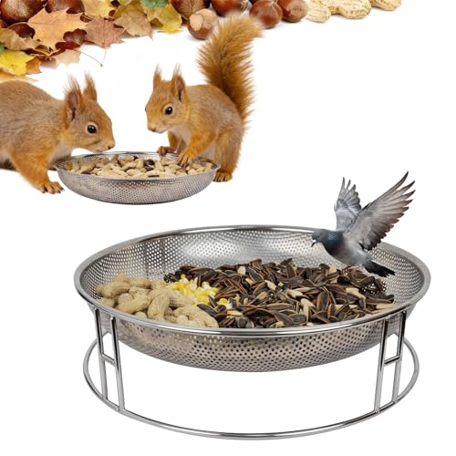 13-Inch Ground Bird Feeder, Stainless Steel Ground Feeding Platform for Wild Birds, Squirrels, Rabbits, Chicken with Additional Birdseed Feeder Tray, Attract Creatures for Backyard, Patio