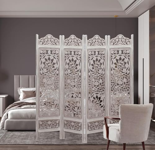 Image of Wooden Room Divider Decorative Foldable Privacy Screen Hand Carved Partition for Living Room Bedroom Office Decor (6 Feet 4 Panel White Wash Each Panel 72X20 Inch)
