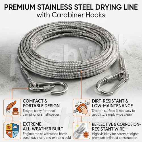 Image of Rushwak Stainless Steel Clothes Drying Rope with Carabiner Hooks Heavy-Duty Rust-Proof Cloth Rope for Drying Clothes Steel Wire for Clothes Drying Hanging Portable Clothesline - 5 Meter (Pack of 2)