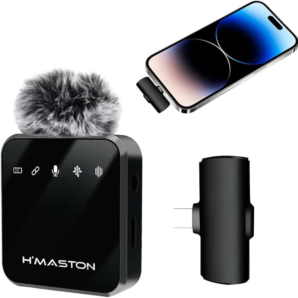 H'MASTON Microfone de Lapela Sem Fio Professional 2 em 1 Microfone com Estojo de Carregamento Redução de Ruído para Gravação (MK-14 TIPO C)