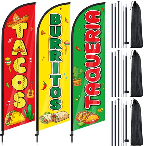 Remagr 3 Pcs Tacos Burritos Feather Flag 7 ft Mexican Food Swooper Flag Mexican Restaurant Advertising Feather Banner with Pole and Ground Stake for Outside Store Business Markets