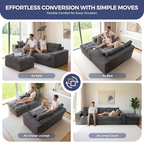 Image of MAXYOYO L Shape Sectional Sofa Couch and Round Chaise Lounge, Modern Cloud Couch with Ottoman, Comfy Sofa with Layered Cushion, Tufted Upholstered Sleeper Chair for Living Room, No Assembly Required