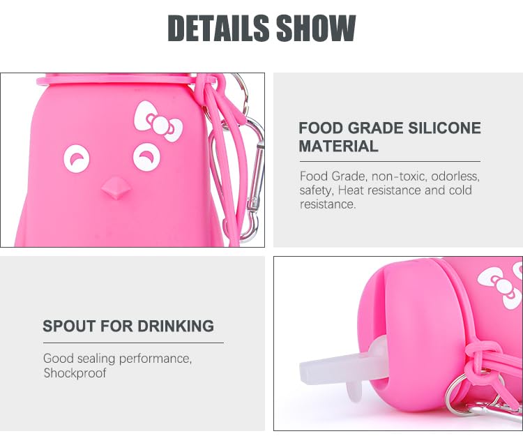Wolobox Silicone Water Bottle Animal Penguin Water Bottle School Excursion Durable Practical and Original BPA Free Dishwasher Safe (Pink) - Image 3