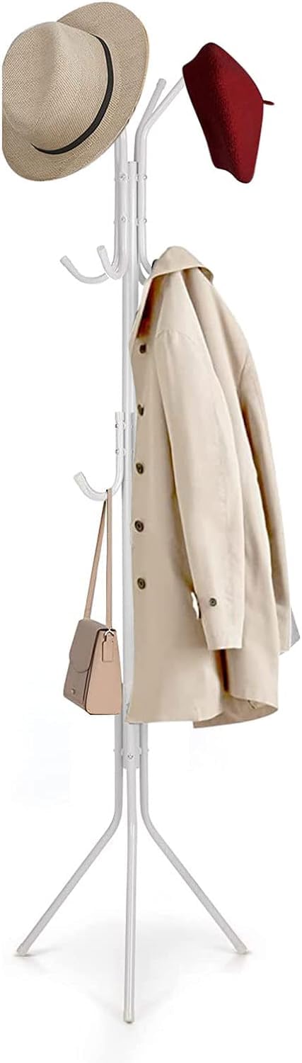 MARKQ Clothes Hanging Stand with 12 hooks Coat Rack for Hat Handbag Scarf Abaya Hijabs Jacket Umbrella Entryway Bedroom Hallway Dormitory Office Cloth Stand Rack, White