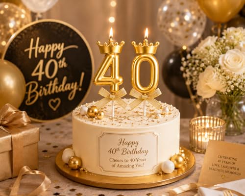 Image of Premium Gold Number 40 Birthday Candle Set with Crown - Metallic Cake Topper for 40th Birthday & Anniversary Celebration, 2 Pcs