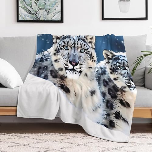 Couverture léopard des neiges yeux bleus, jeté de lit décoratif chaud