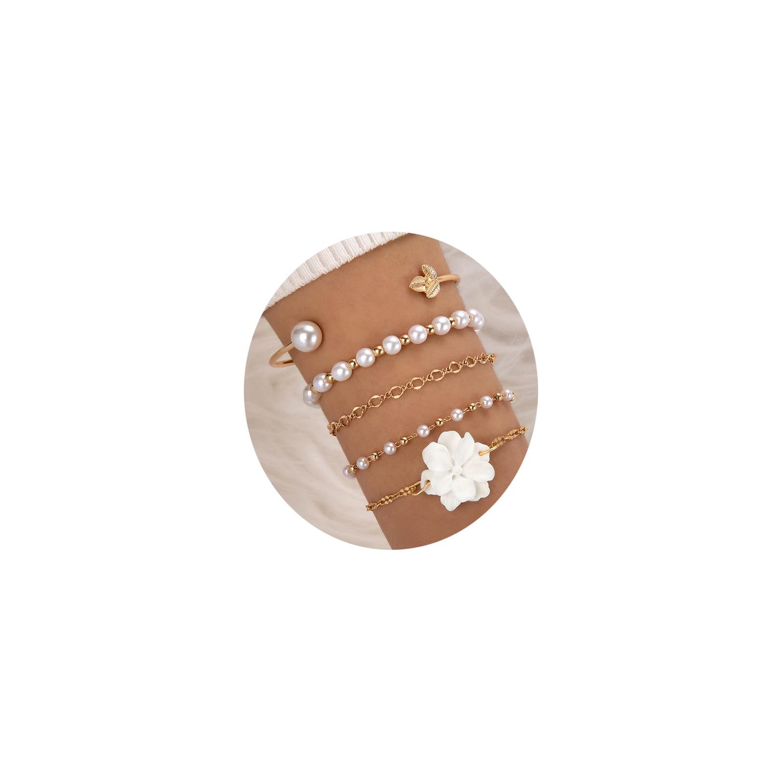 GIGB PBDK5 Pcs Set Gold Floral Pearl Bracelet for Women, Leaves White Flower Petal Layered Bangles, Pearls Beads Adjustable Chain Link Bracelet, Trendy Jewelry Gifts