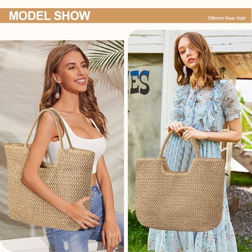 Image of Long Keeper Beach Bags for Women Summer Straw Bag with Zipper Woven Shoulder Handbag Beach Tote Bags for Travel Vacation