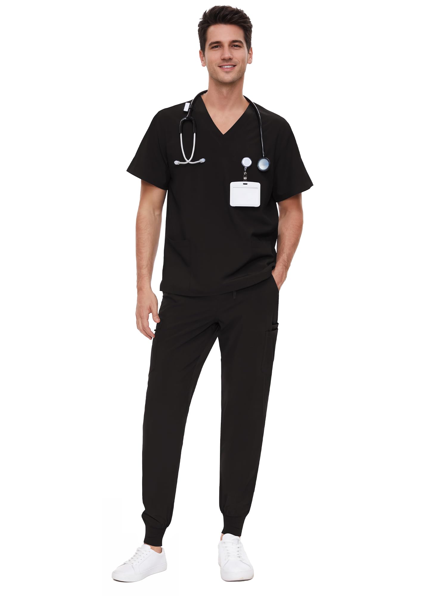 Scrubs for Men - 4 Pockets V-Neck Scrub Top and 7 Pockets Jogger Pants Mens Scrubs Set COZY SCRUBS