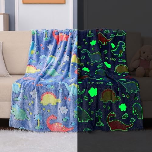 JISEN Glow in The Dark Kids Blanket Dinosaurs Blanket for Boys Kids Throw Blanket for 1 2 3 4 5 6 7 8 9 10 11 12 Year Old Cute Teen Boys Throw Fleece Blanket for Birthday Christmas 50 x 60 Inch
