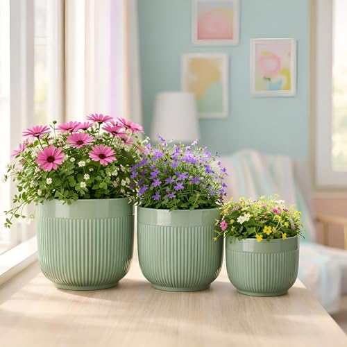Image of Xtore Ceramic Ribbed Planter Set with Matte Finish | Modern Minimalist Flower Pots for Home, Office, Balcony & Living Room Decor - (Set of 3, Sage Green, Planter ONLY)
