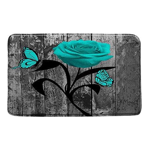 AMHNF Rutsic Farmhouse Flower Bath Mat Teal Rose Flower Butterfly Gray Barn Door Wooden Romantic Elegant Creative Microfiber Memory Foam Bathroom Rug Doormat Toilet Floor Rug,17.7" x 29.5" Cover