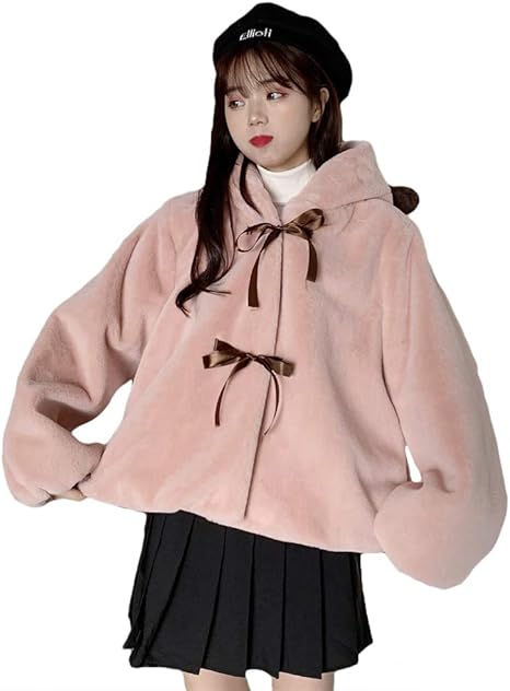 Amazon レディース ガールズ コート ジャケット もこもこ 熊 熊耳フード リボン ボアジャケット トップス 可愛い 少女 あったか 秋冬 アウター ピンク コート ジャケット 通販