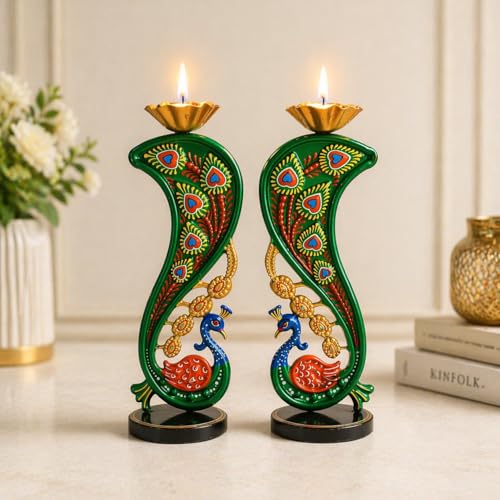 Image of CraftVatika Elegant Metal Peacock Candle Holder - Peacock Decoration Items, Perfect Home Decoration Diwali, Intricate Design Tealight Candle Holders for Home Decor, Handpainted Tealight Candle Holder