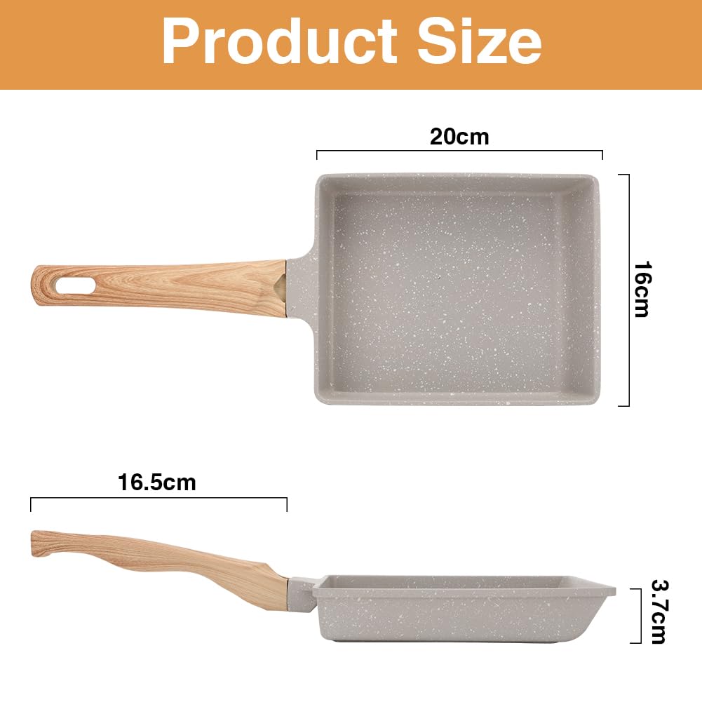 RANJIMA Padella per Omelette Giapponese Tamagoyaki, Padella Rettangolare per Frittata Antiaderente per con Manico in Legno e Spatola in Silicone, per Cottura a Induzione e a Gas, 19 x 16 cm, Bianco