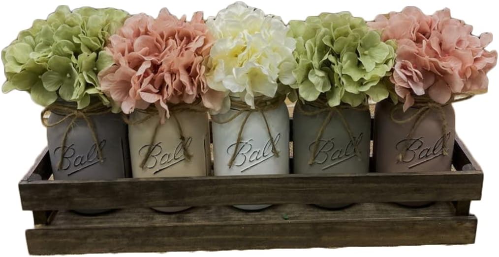 Decorative Flowers Mason Jar Farmhouse Decor Hydrangea Dining Table Decor Dining Table Centerpieces with Wooden Long Tray Rustic Farmhouse Home Decor Living Room Kitchen Dining Table Decor (B)