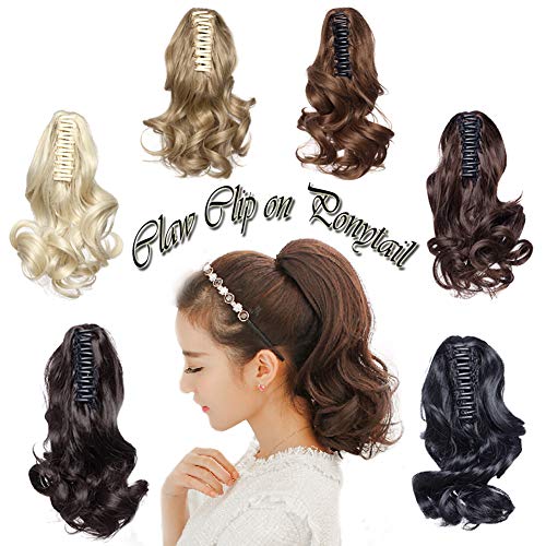 Claw on Ponytail Jaw Clip in 12 inch Long Curly Pony Tail Hair Extensions Synthetic Short Fluffy Wavy Hairpiece Medium Brown