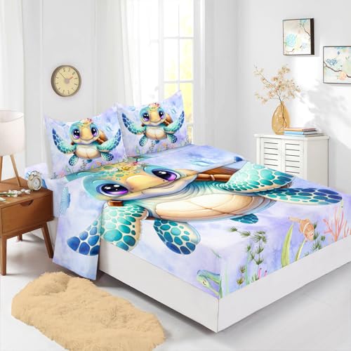 XYNHML Turtle Sheet Twin 4Pcs Ocean Life Shell Bedspread Set Kid Fish Crab Bedding Set for Boy Girl Watercolor Tortoise Seaweed Pattern Bed Set with 1 Flat Sheet and 1 Fitted Sheet+2 Pillowcases