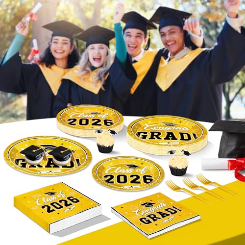 Image of Graduation Party Supplies Set for 50 Guests, Yellow Graduation Plates and Napkins 2026, 200Pcs Disposable Grad Plates, Napkins, Dessert Plates and Forks for 2026 School Ceremony, Birthday Tableware