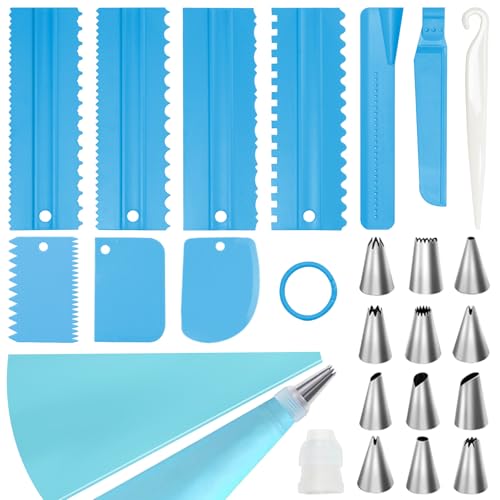 Prebarfun 23 Piezas Manga Pastelera Set, 9 Espatulas Reposteria, Raspador de Pastel Ajustable s para Tartas,12 Boquillas Manga Pastelera de Acero Inoxidable para Reposteria Utensilios, Cupcakes,Tartas