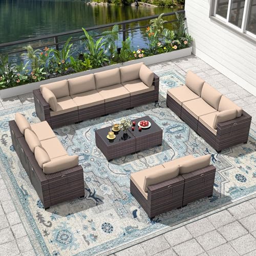 Image of 14 Pieces Outdoor Patio Furniture Set,Outdoor Sectional Furniture All Weather PE Rattan Wicker Patio Conversation Set with 2 Coffee Tables and 12 Thickened Cushions,Sand