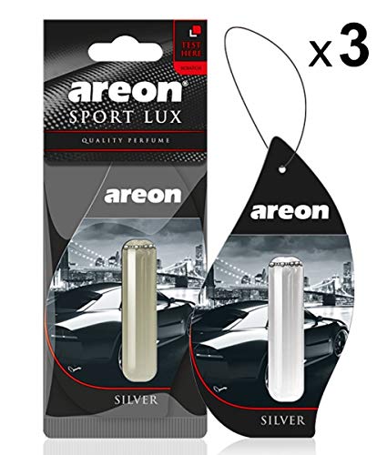 AREON Liquido Ambientador Coche Plata Perfume Casa Olor Mini Colgar Colgante Negro Retrovisor Oficina 3D 5ml (Silver Pack de 3)