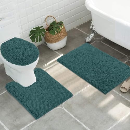 Image of Standard 3pc Set Chenille Bath Mats, Includes 21 inchx24 inch U-Shaped Contour Toilet Rug, 21 inchx34 inch Inches Bathmat and 1 Toilet Lid Cover, Plush Absorbent Bath Mats Quick Dry, Teal