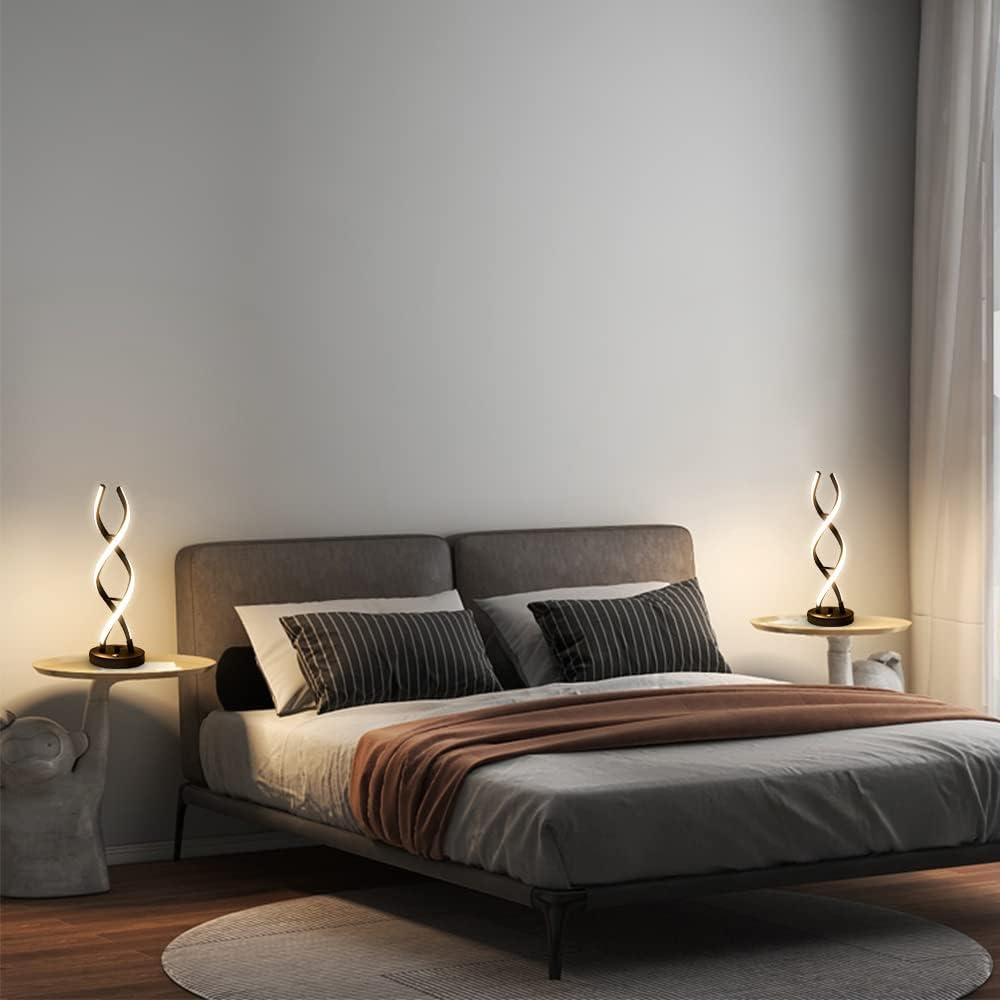 LED Modern Table Lamp, Stepless Dimmable Spiral Table Lamps for Bedroom, 3 Colors Touch Control Bedside Nightstand Lamp with 1 USB Charging Ports, Desk Lamps for Living Room Office (Black)