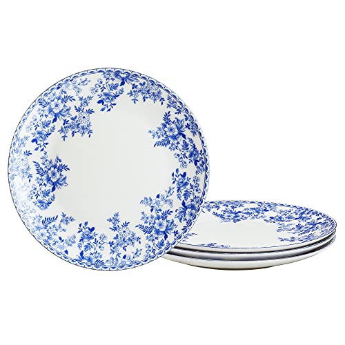 fanquare 20cm Fleurs Bone China Assiette à Dessert, Bleu et Blanc Assiette à Salade en Porcelaine pour Pâtes, Set d'assiettes Vintage de 4