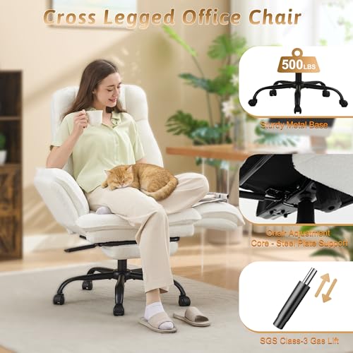 Image of Wider Seat Office Chair with Flip Armrests for Criss Cross Legged&Cats, Big and Tall Executive Ergonomic Reclining Chair with Footrest&Lumbar Pillow, Teddy Fleece Desk Chair, White Vanity Chair
