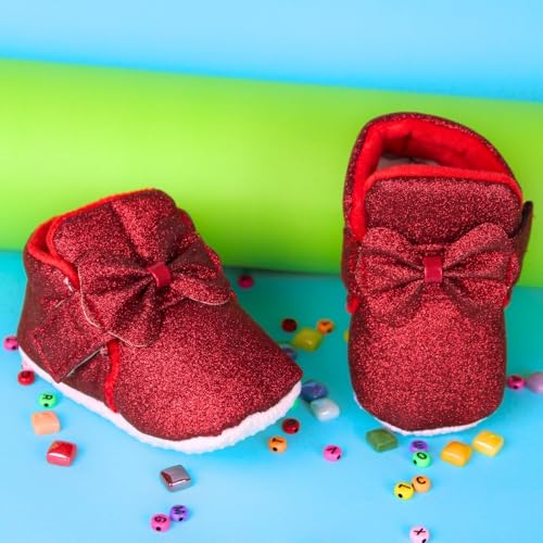 Image of Neska Moda 6 To 12 Months Baby Girls Cotton Hook & Loop Bow Booties -BT1766