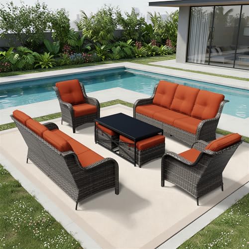 Image of Joyside 7 Piece Wicker Patio Furniture Set, Rattan Patio Chairs with High Back, Deep Seating, Wide Armrest, Thickened Cushions, Outdoor Furniture for Deck, Porch Use