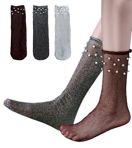 Women's Glitter Metallic Mid-Calf Socks, Shimmer Sparkly Shiny Party Sheer Socks Size 5-9
